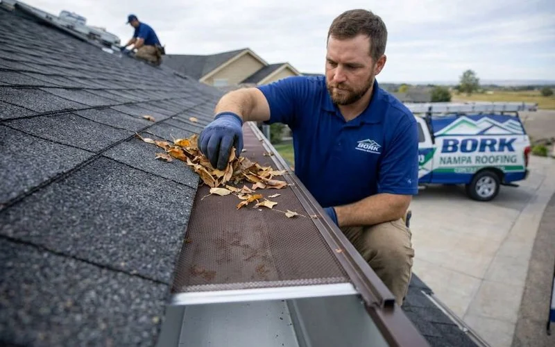 Micro-mesh gutter guard installed over seamless aluminum gutter keeping leaves and debris out on Nampa Idaho home