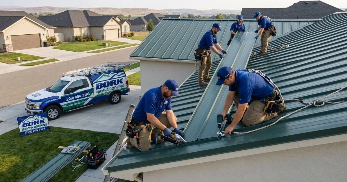 Professional metal roof installation crew working on residential home in Idaho demonstrating modern metal roofing techniques and quality